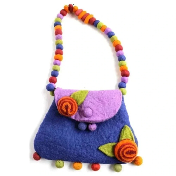 RISING TIDE Handmade Felted Wool Shoulder Bag Flowers Balls UNIQUE Wearable Art - Picture 2 of 5